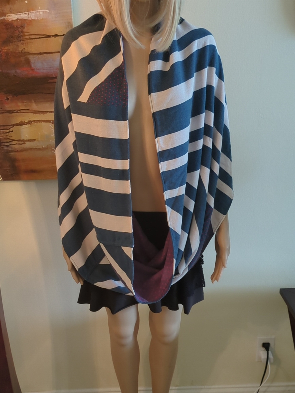 Striped Navy & White Infinity Wrap with Deep Purple Lining